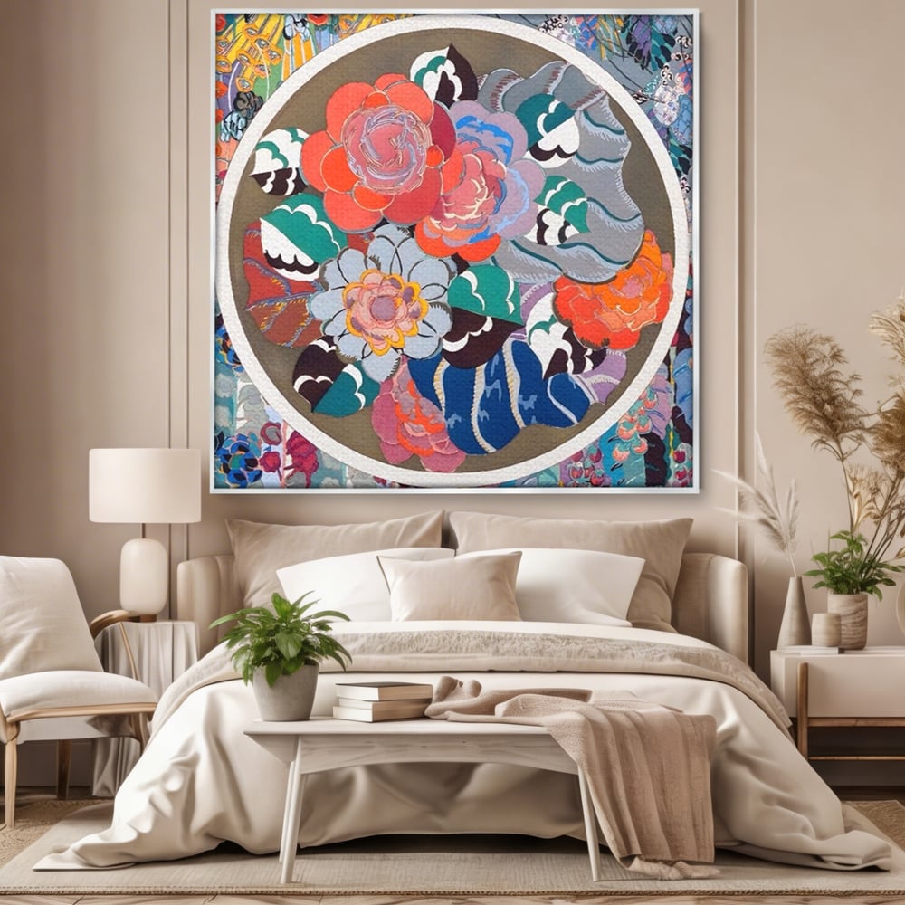 Tablou canvas cu tablou patrat cu flori colorate in cerc, in rama de aluminiu argintiu, pe perete intr-un dormitor